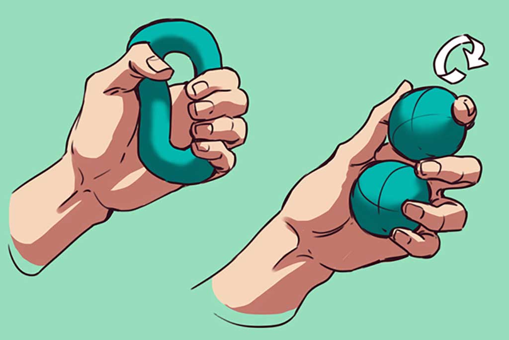 dùng hai quả bóng nhỏ, xoay tròn để vận động cơ cổ tay